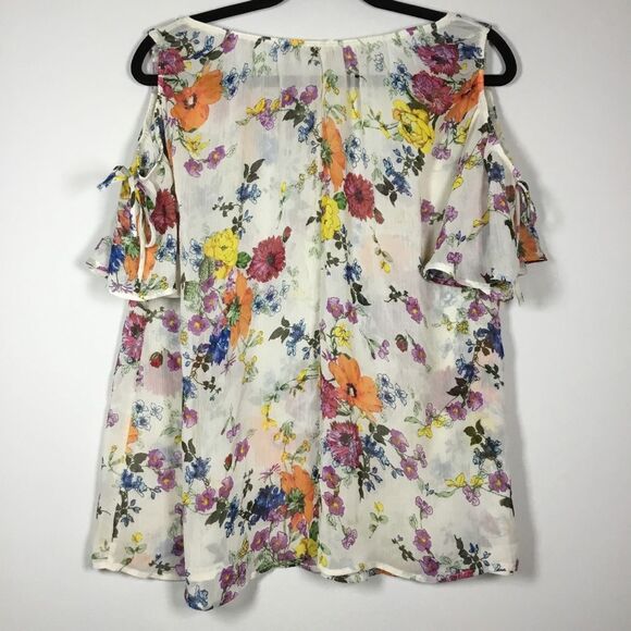 Sheer coverup cold shoulder with tie up bright flowers floaty beachy hippie XL - Picture 5 of 8